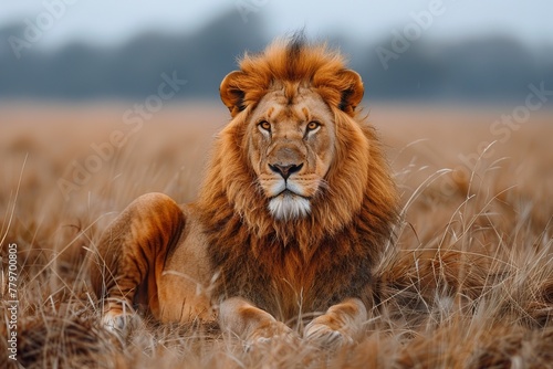 Majestic lion lounging in a field with a focus on the impressive mane © Larisa AI
