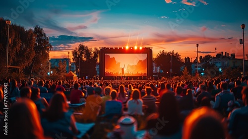 A large crowd of people are watching a movie on a big screen. The sky is orange and the atmosphere is lively