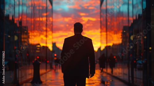 A man is walking down a street at sunset. The sky is orange and the buildings are tall