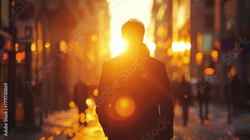 A man is walking down a city street with a bright sun in the background. The sun is casting a warm glow on the man and the street, creating a peaceful and serene atmosphere