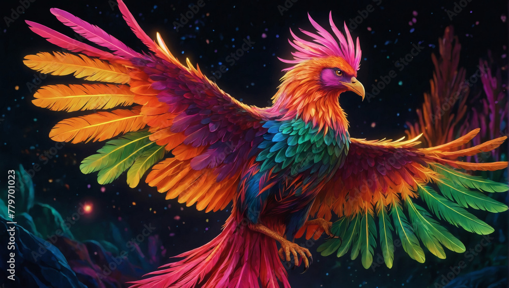 A brilliantly glowing neon phoenix, its feathers shining in vibrant hues of pink, orange, and green, illuminating the night sky.