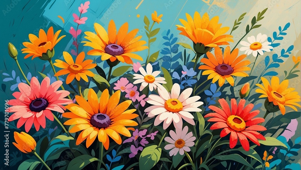 Digital painting featuring stylized daisies in vibrant colors giving a cheerful and contemporary feel to the image Digital painting featuring stylized daisies in vibrant colors giving a cheerful and contemporary feel to the image