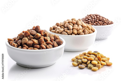 Pet food in white bowl isolated