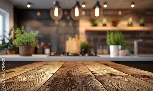 Wooden table top on blur kitchen room background,Modern Contemporary kitchen room interior