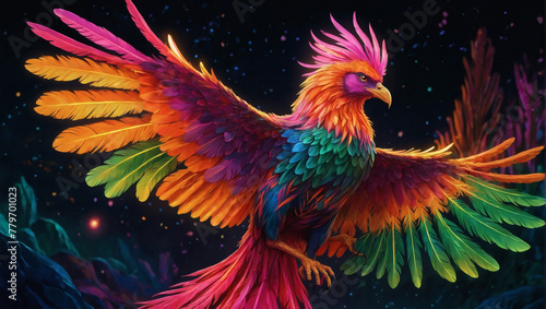 A brilliantly glowing neon phoenix, its feathers shining in vibrant hues of pink, orange, and green, illuminating the night sky. © xKas