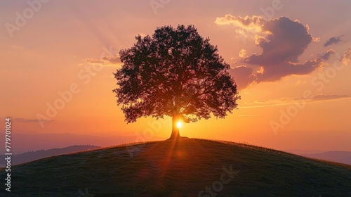 A tree is silhouetted against a beautiful sunset. The tree is the main focus of the image, and it is standing on a hill. The sky is filled with clouds, and the sun is setting