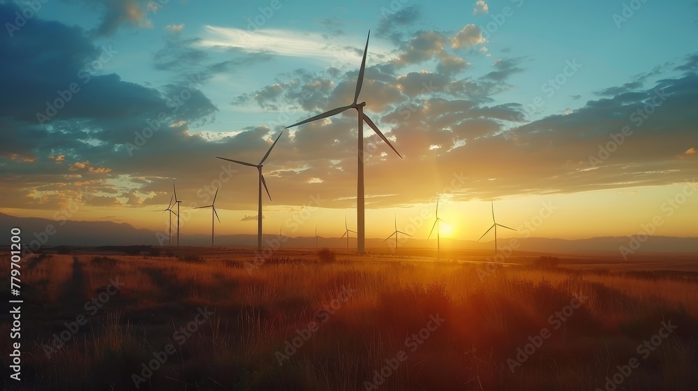 A field of wind turbines with the sun setting in the background A field of wind turbines with the sun setting in the background