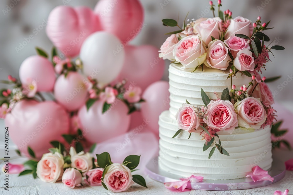 Elegant White Layered Wedding Cake Adorned with Pink Roses and Surrounded by Soft Balloons on a Festive Table Setting Elegant White Layered Wedding Cake Adorned with Pink Roses and Surrounded by Soft Balloons on a Festive Table Setting
