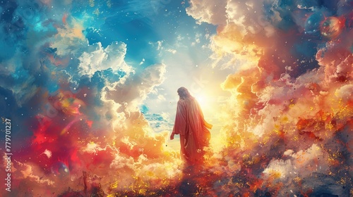 peaceful watercolor illustration of Jesus Christ reigning in heaven, his presence bringing eternal peace and harmony. photo