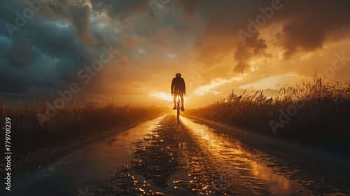 A man is riding a bicycle down a road in the rain. The sky is orange and the sun is setting