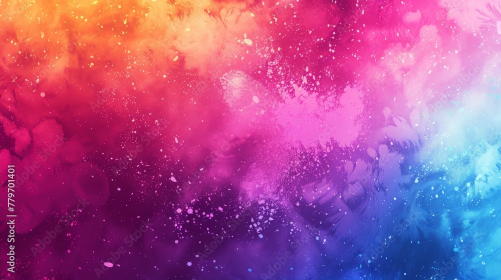 an abstract background with vibrant splashes of Holi colors. The colors are scattered randomly to mimic the unpredictable nature of Holi. Leave a clear space in the center for text