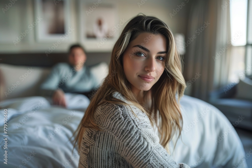 Woman seated in contemplation with distant man on bed. generative ai Woman seated in contemplation with distant man on bed. generative ai