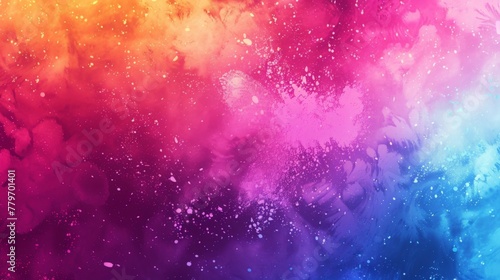 an abstract background with vibrant splashes of Holi colors. The colors are scattered randomly to mimic the unpredictable nature of Holi. Leave a clear space in the center for text photo