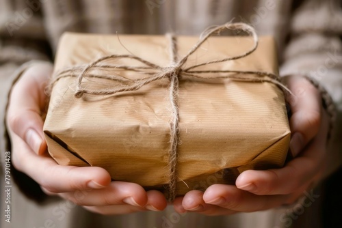Close up of Hands Holding a Wrapped Gift Box with Rustic Twine Bow on a Neutral Background photo