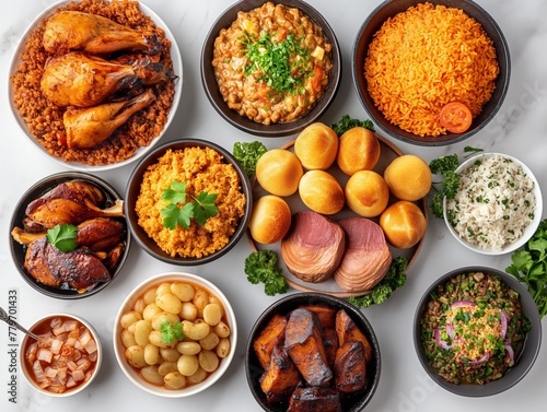 A table full of food with a variety of dishes including rice, beans, and meat. The table is set for a large gathering or celebration