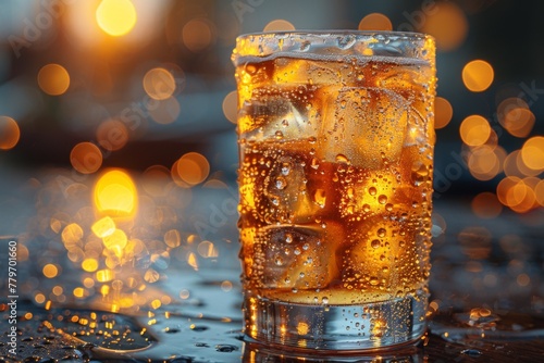 Golden Evening Sparkle: Iced Soda Glass with Glistening Dew