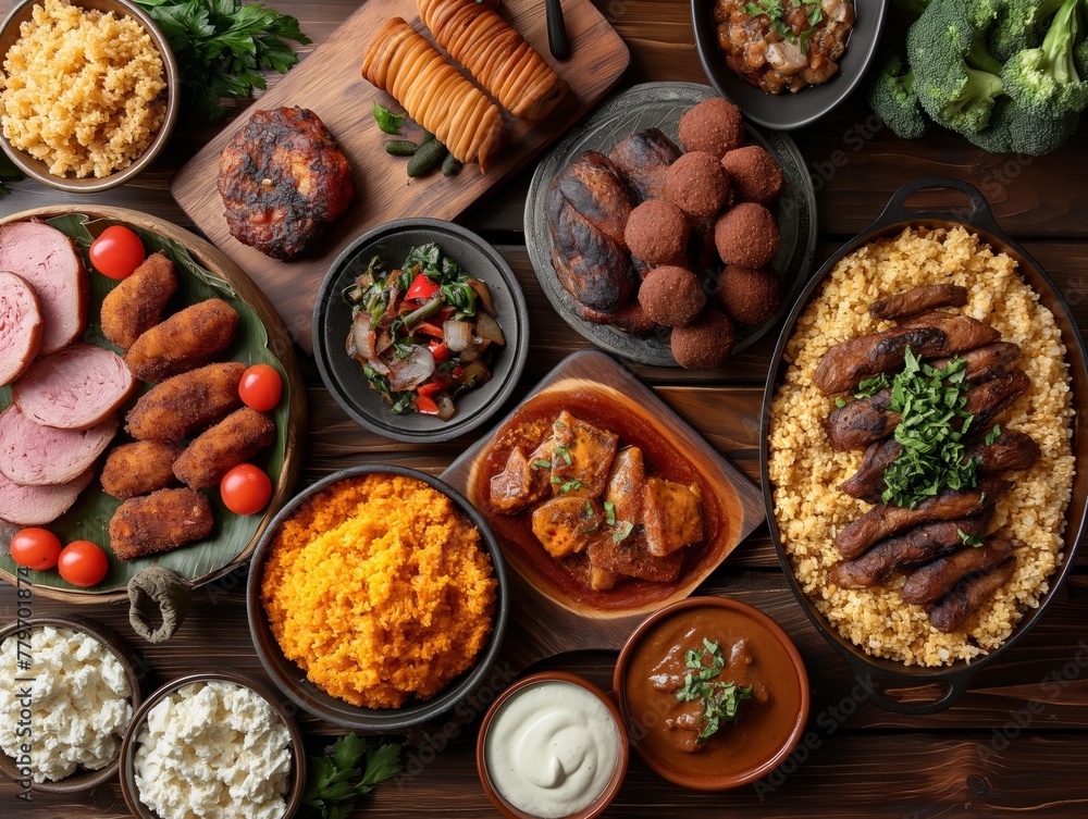 A table full of food with a variety of dishes including rice, meat, and vegetables. The table is set for a large gathering or celebration