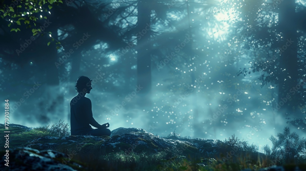 A person is sitting in the woods, meditating. The scene is peaceful and serene, with the person in the foreground and the trees in the background. The atmosphere is calm and quiet