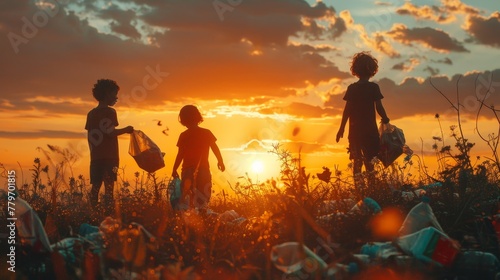 Three children are walking through a field of trash, with one of them holding a bag. The sun is setting in the background, casting a warm glow over the scene. Scene is somber and reflective