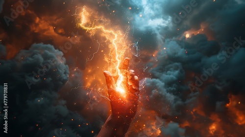 Hand holding lightning thunderbolt, energy and power, black smokey cloudy sky background