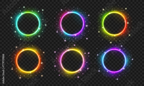 Bright neon rainbow circles with transparent glow effect. Vector colorful frames for logo design with neon effect. PNG glow effect. Rainbow portal, magic glow.