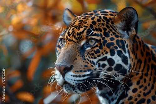 Close-up shot of a jaguar amongst vibrant foliage  showcasing its distinctive patterned fur and intense stare