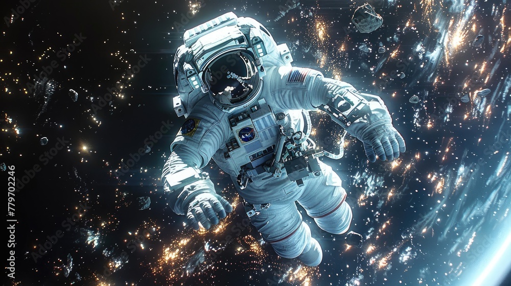 A lone astronaut floating in the vastness of space, the awe-inspiring scene captured with detailed oil techniques.