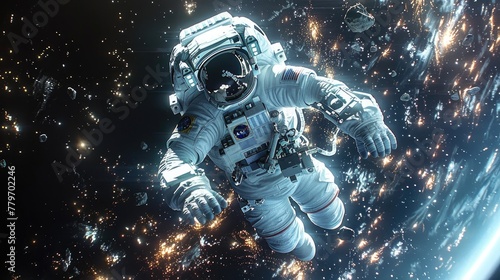 A lone astronaut floating in the vastness of space  the awe-inspiring scene captured with detailed oil techniques.