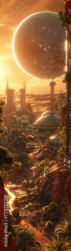 Bioengineered inhabitants, lush greenery, Mars colonization project, a colony thriving under a dome on a barren red landscape Realistic Golden hour Depth of field bokeh effect