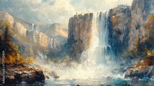 A majestic waterfall cascading down a rocky cliff, the power and movement depicted with dynamic oil strokes. photo