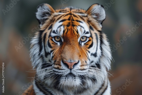 This close-up captures the tiger s intense gaze and striking facial details  emphasizing its natural majesty and grace