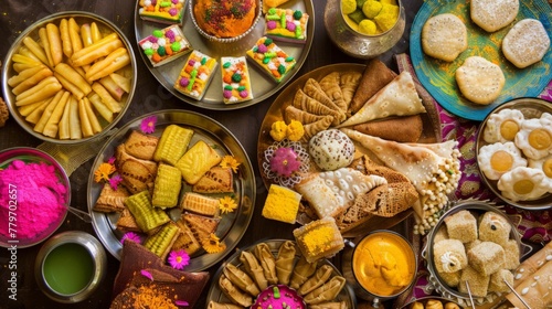 An array of traditional Indian sweets and snacks prepared for Holi. Include items like Gujiya, Thandai, Samosas, and Jalebis, all arranged on a decorated table