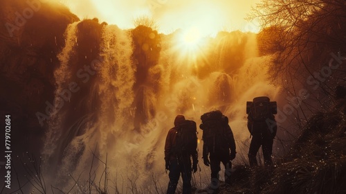 Three people are standing on a mountain  looking at a waterfall. The sun is setting in the background  casting a warm glow over the scene