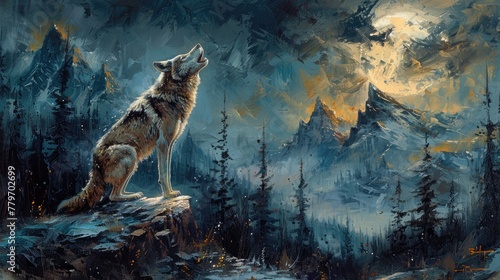 A lone wolf howling at the moon on a snow-capped mountain peak, the solitude and beauty captured with expressive oil brushwork.