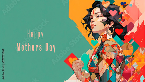 Illustration of happy mothers day banner design greeting card with present mother design with abstract shapes and hearts on flat lay background with Happy Mothers Day text. Copy space