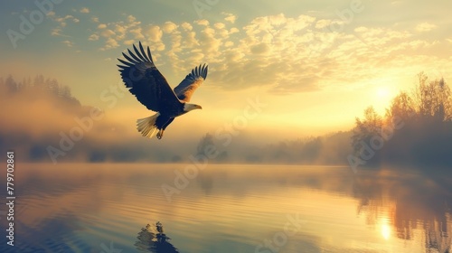 A large eagle is flying over a lake at sunset. The sky is filled with clouds  and the water is calm. The scene is serene and peaceful  with the eagle soaring high above the water