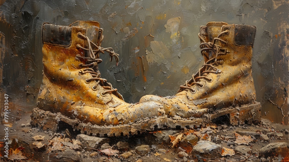 A weathered pair of work boots, their worn texture and history brought to life with textured oil brushwork. - obrazy, fototapety, plakaty 
