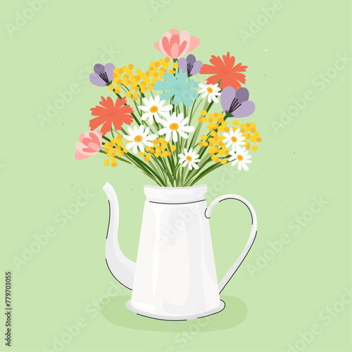 Flowers in a white jug on a green background (daisies, lavender, mimosa)