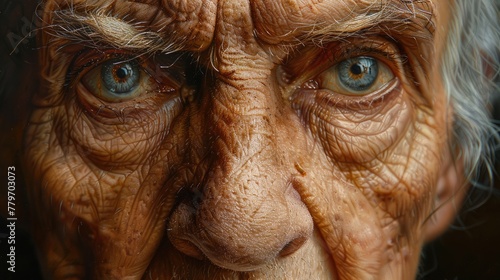 A close-up of an old man's face, his wrinkles and character lines etched with detailed oil techniques.