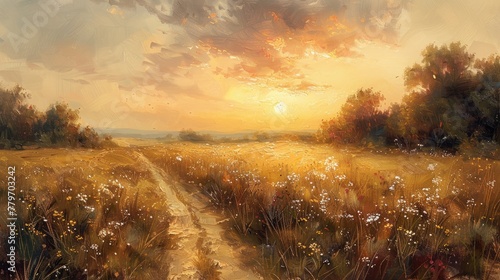 A peaceful meadow bathed in the golden light of sunset, the serenity and beauty captured with soft and blended oil paints.