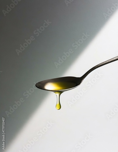 A single drop of olive oil about to fall from a stainless steel spoon, captured against a light grey background, focusing on the purity and simplicity of the ingredient
