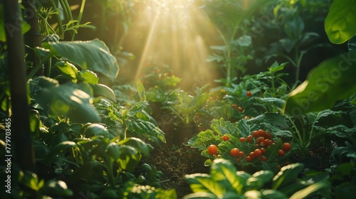 A lush green garden with a variety of plants and vegetables, including tomatoes and spinach. The sunlight is shining through the leaves, creating a warm and inviting atmosphere