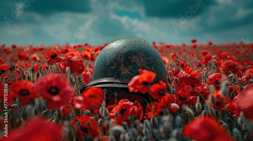 A double exposure of a soldier's helmet lying in a field of poppies, representing the quiet remembrance of those who never returned home.
