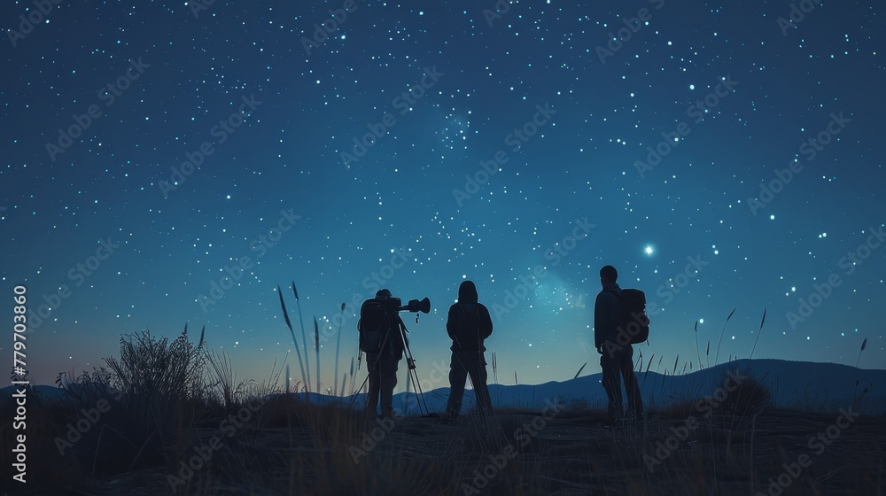 Three people are standing on a hillside, looking up at the stars. The sky is dark and clear, and the stars are shining brightly