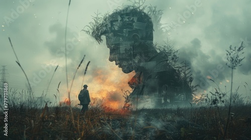 A double exposure of a soldier's letters superimposed over a battlefield scene, capturing the emotional connection between those fighting and those left behind. photo