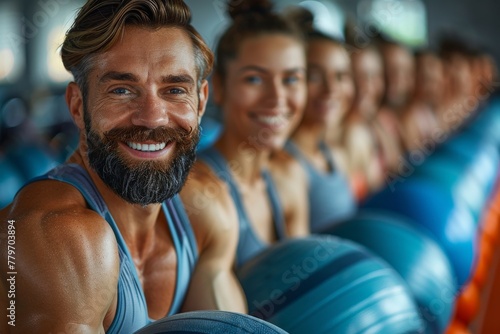 Happy mature man with a beard leading a fitness class with a row of focused athletes