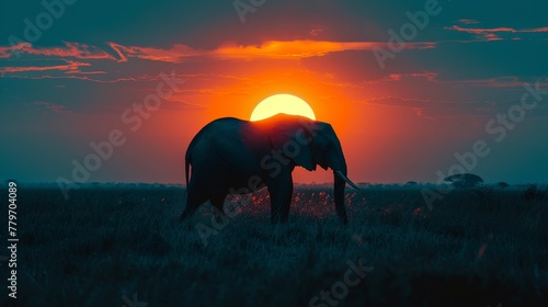 A large elephant stands in a field of tall grass, with the sun setting in the background. The scene is serene and peaceful, with the elephant being the main focus of the image