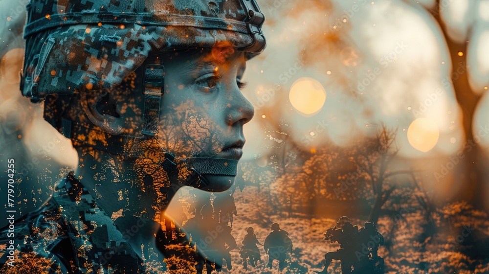 Fototapeta premium A double exposure of a soldier's medals superimposed over an image of a child's drawing of a soldier, representing the legacy of service and the inspiration for future generations.