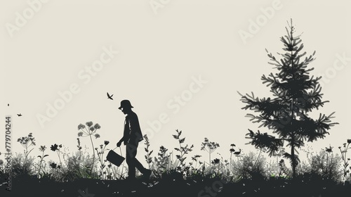 A man is walking through a field with a briefcase. The image has a mood of solitude and contemplation