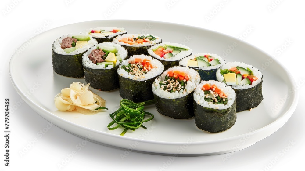 a modern, stylish presentation of kimbap on a pristine white plate, set against a minimalist background, illustration made with Generative Ai a modern, stylish presentation of kimbap on a pristine white plate, set against a minimalist background, illustration made with Generative Ai